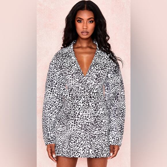 NWT House Of CB Black & White Animal Printed Satin Blazer Dress Womens Size L - Picture 2 of 11